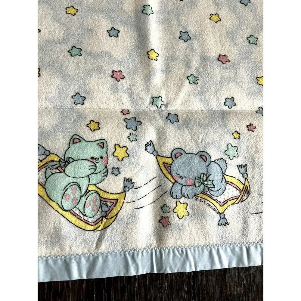 New Baby Blanket Vintage Satin Trim Teddy Bear Acrylic Stars Cuddle Time‎
